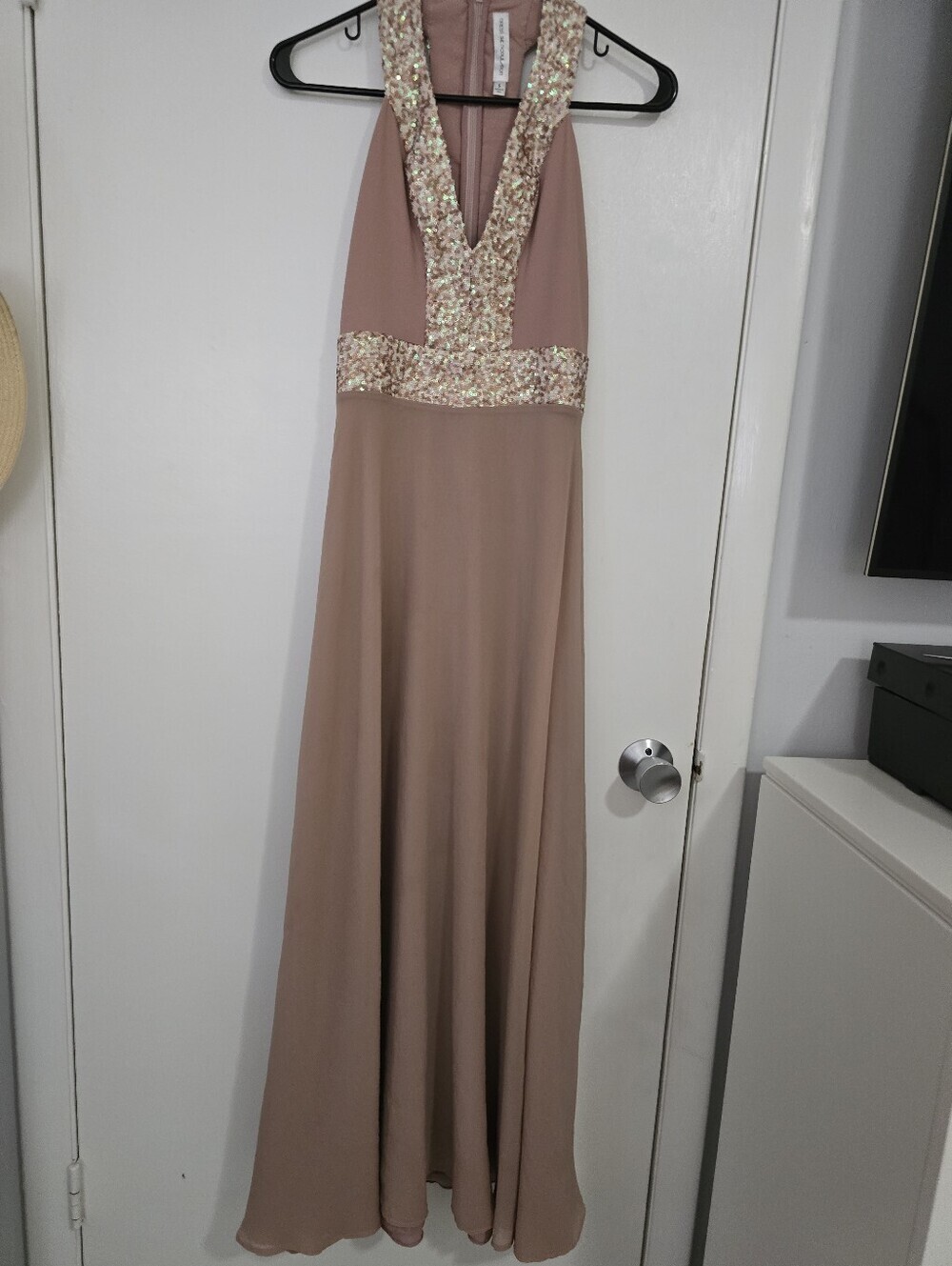 Deep V Halter Gown with Sequin Trim in Dusty Rose